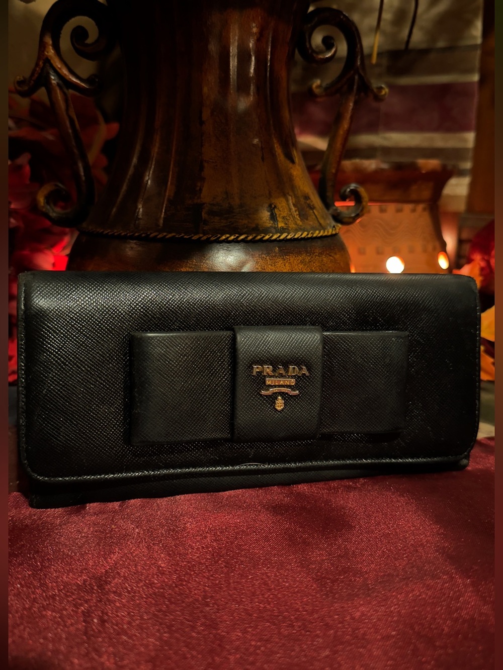 Prada Black Saffiano Leather Bow Continental Wallet